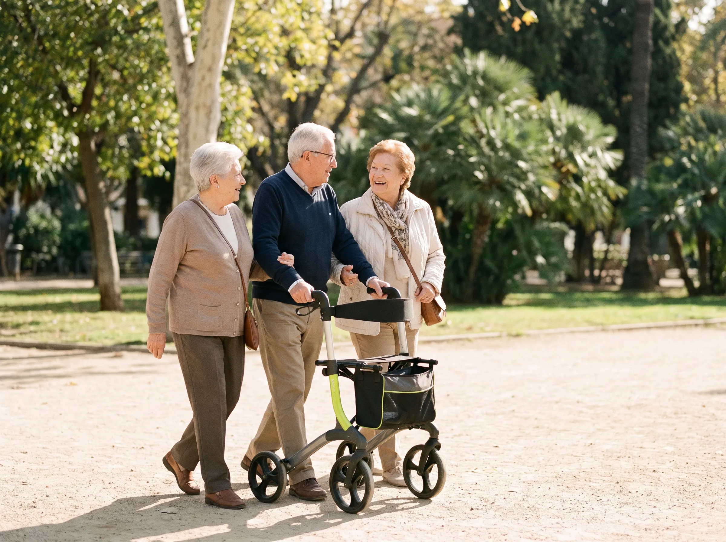 Pareja mayor paseando por un parque con un rollator