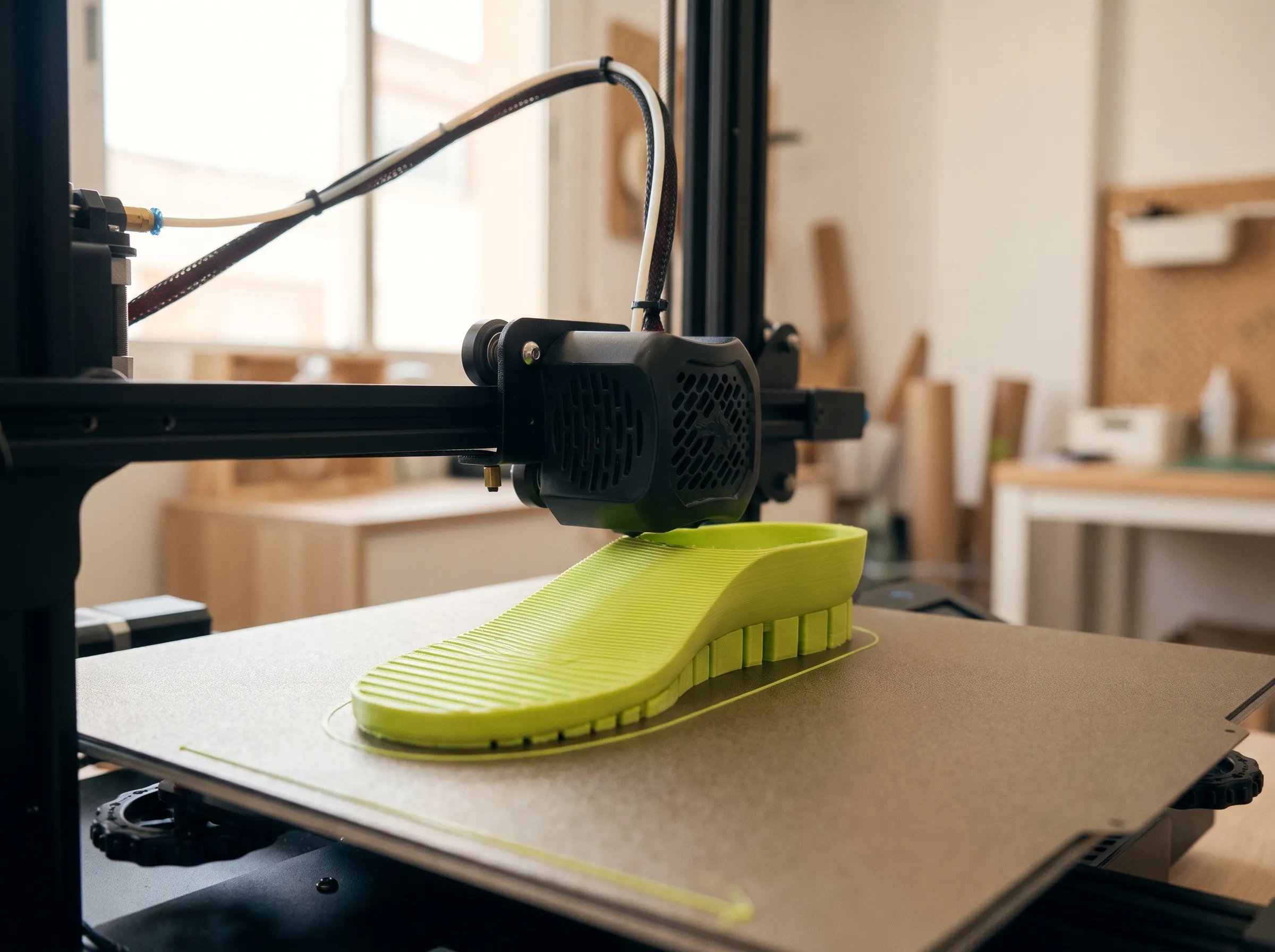 Impresora 3D fabricando una plantilla verde sobre la base de impresión en el taller